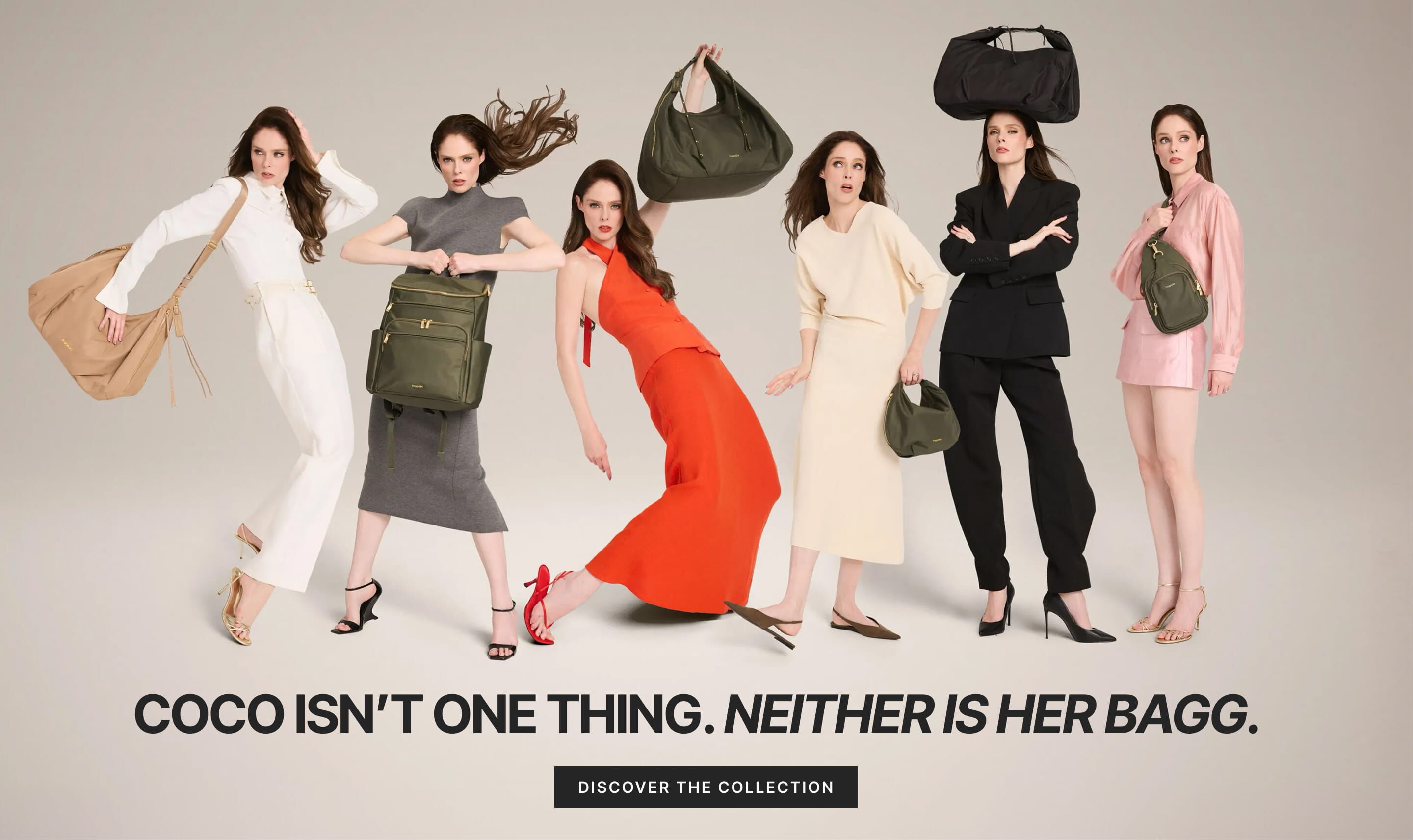 Six images of Coco Rocha modeling Baggallini bags in tan, olive green and black, with text reading “Coco isn’t one thing. Neither is her bagg. Discover the collection.”