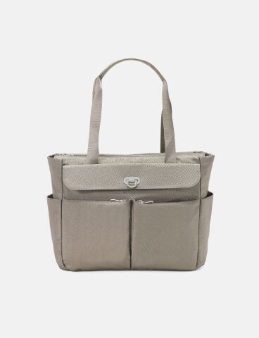 Cream tote bag with contrasting navy shoulder straps and a spacious open-top design.