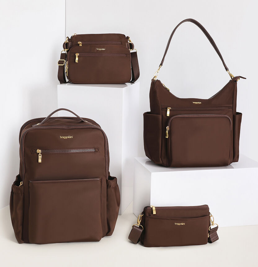 Baggallini brown nylon handbags featuring a backpack, shoulder bag, crossbody bag, and compact crossbody displayed on white pedestals with gold-tone hardware.
