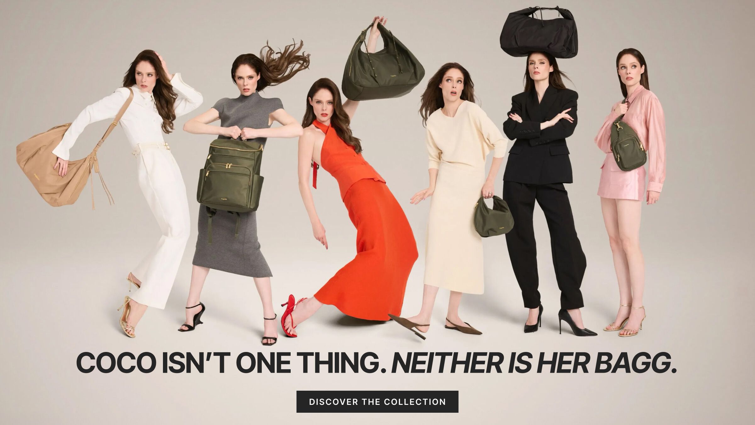 Six images of Coco Rocha modeling Baggallini bags in tan, olive green and black, with text reading “Coco isn’t one thing. Neither is her bagg. Discover the collection.”
