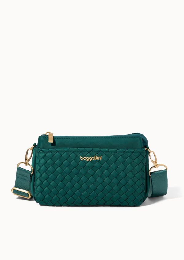 Emerald woven-texture crossbody bag with gold-tone hardware and an adjustable shoulder strap.