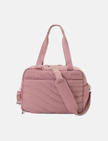 A black tote bag with dual handles, a detachable shoulder strap, a front zip pocket, and a rectangular bottom compartment, displayed against a plain light background.