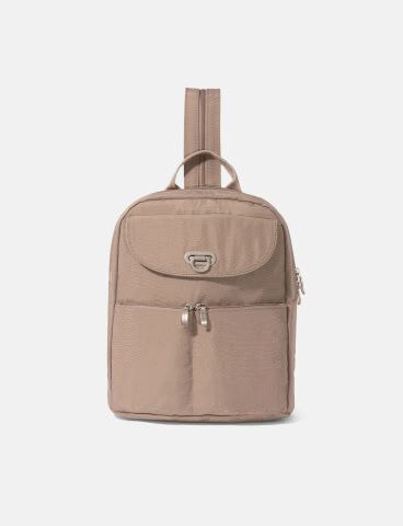 Taupe backpack with a flap-top closure, front zippered pocket, and top carry handle.