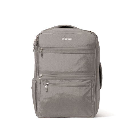 baggallini modern convertible travel backpack fits up to 16 laptop Expandable side pocket zips flat for slim profile or expands to accommodate large water bottle Interior includes elastic tie Convertible Travel Backpack | Modern