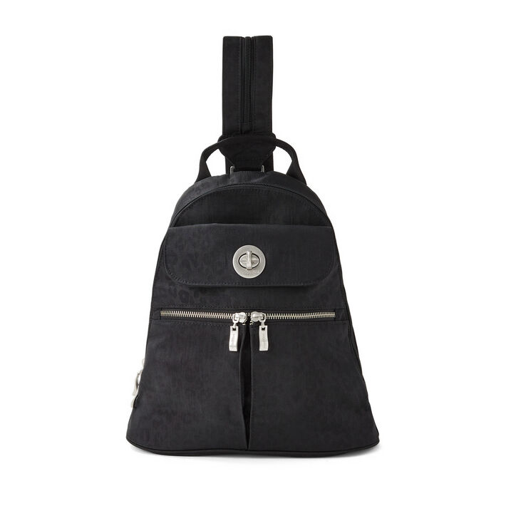 baggallini leather backpack purse ECO Naples two outside side and zipper pockets Sleeve for luggage handle Padded laptop sleeve Adjustable strap Designed in the USA and made in Cambodia Care Baggallini Anti-Theft Vacation Backpack -