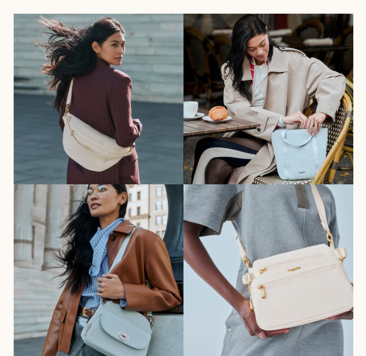 A collage of women posing outdoors and indoors, each carrying a different pastel or neutral-colored baggallini crossbody bag in various styles and outfits.