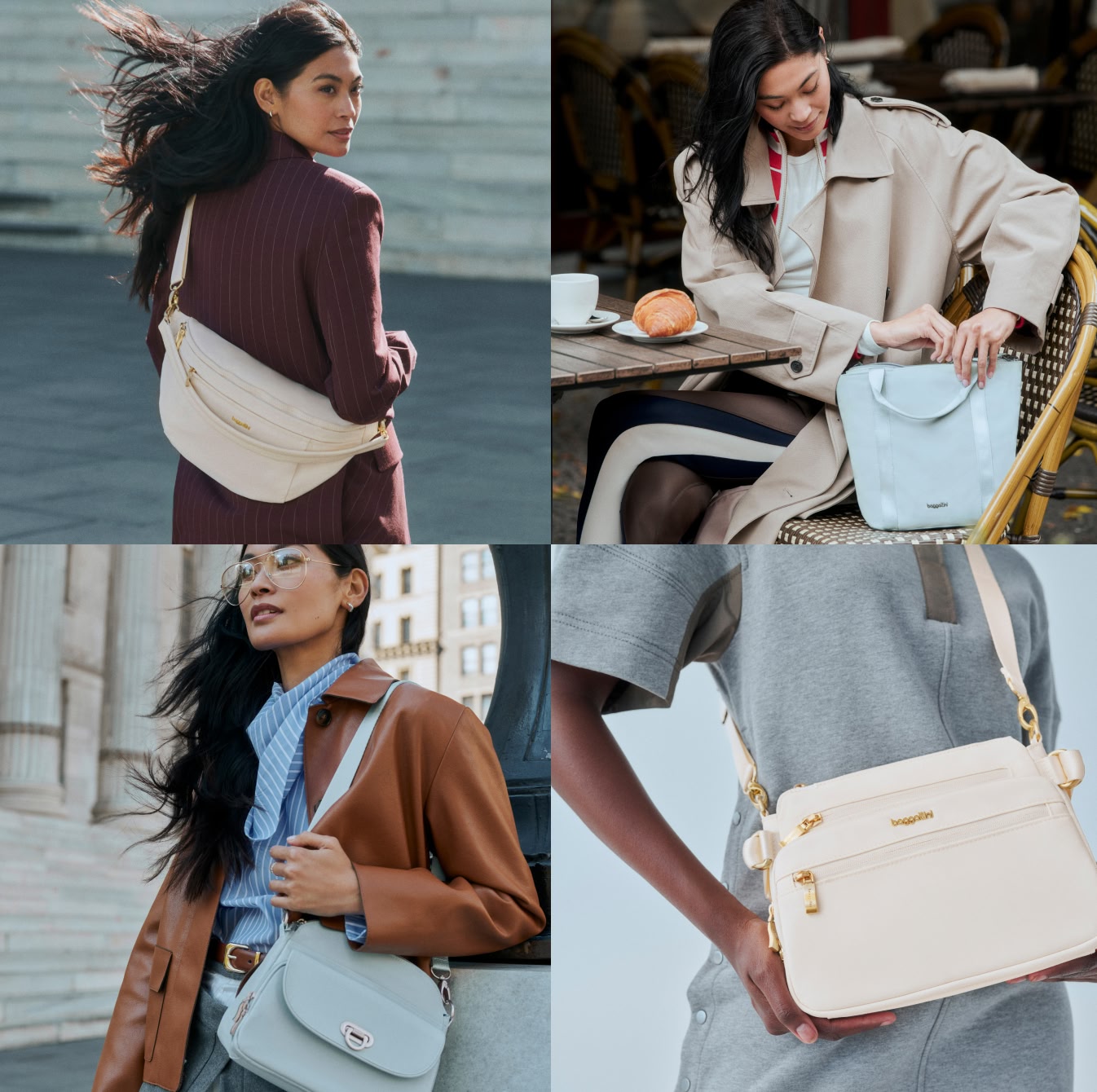 Women in different outfits pose with light-colored crossbody bags in urban and cafe settings.